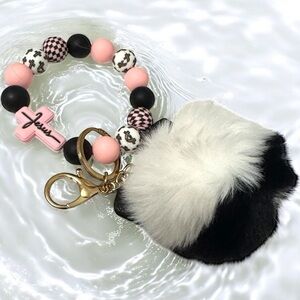 Black and White Fur Keychain with Pink Beads Jesus Cross